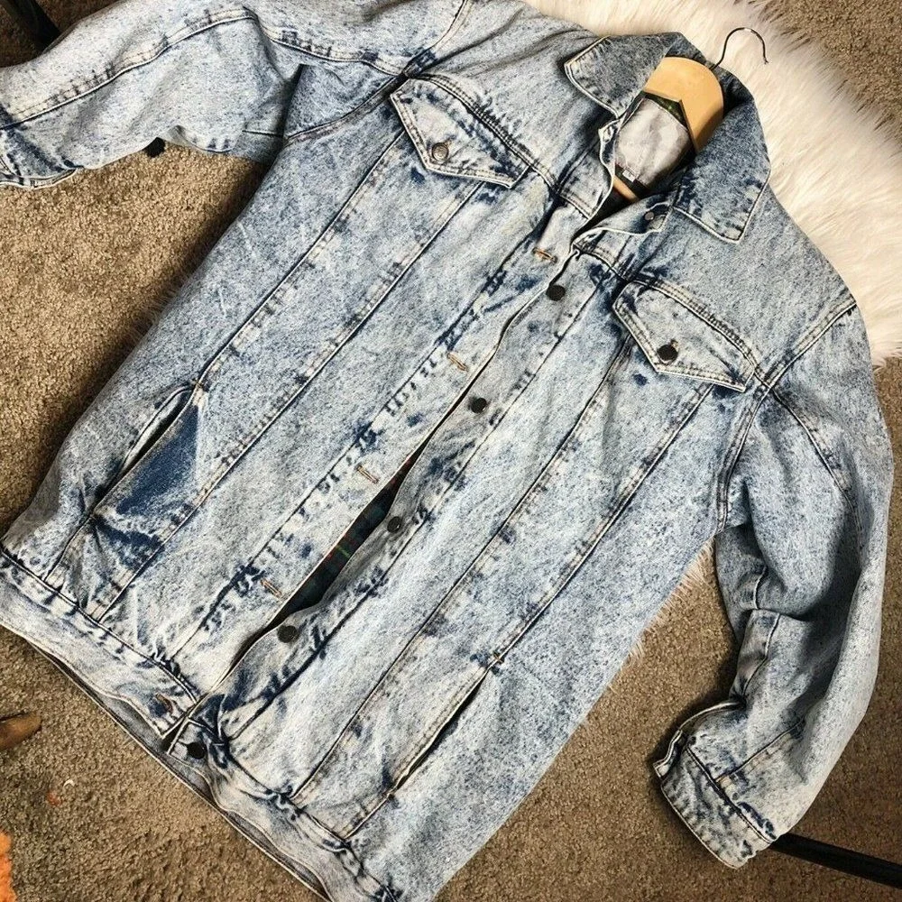 Vintage Acid Wash Denim‎ Jacket Flannel Lined Retro Grunge